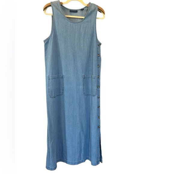 Vintage Karen Scott Long Denim Jumper Dress Maxi Tank Side Buttons Pockets M - Picture 1 of 8
